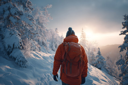 A solo hiker in a bright yellow jacket walks along a snow-covered path through a stunning winter landscape. The sun shines down, illuminating snow-laden trees and rocky outcrops.の素材