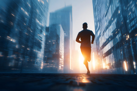 A person runs through a modern city environment at dawn. The tall buildings reflect the soft orange light, creating a serene yet energetic scene amidst the morning mist.の素材