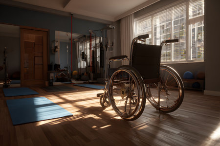 A wheelchair sits in a well-lit therapy room. Sunlight streams through the windows, illuminating yoga mats on the floor, creating a peaceful atmosphere for physical activity.の素材