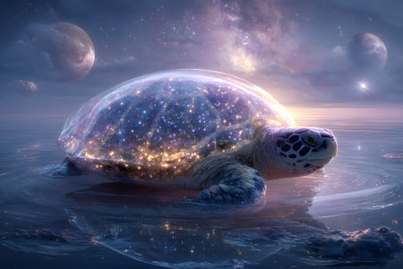 A turtle glides gracefully in a cosmic ocean filled with stars and planets, showcasing a beautiful blend of marine life and the universe's wonders. The scene captures the magic of space.の素材