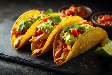 Three tacos filled with seasoned chicken, topped with guacamole, salsa, and herbs sit on a dark surface. Fresh lime slices accompany this tasty meal, showing vibrant colors and textures.の素材