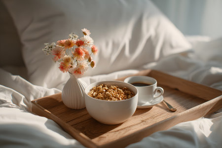 A cozy breakfast setting features a bowl of granola, a cup of coffee, and fresh flowers on a wooden tray in a sunny bedroom. Soft bedding enhances the warm atmosphere.の素材