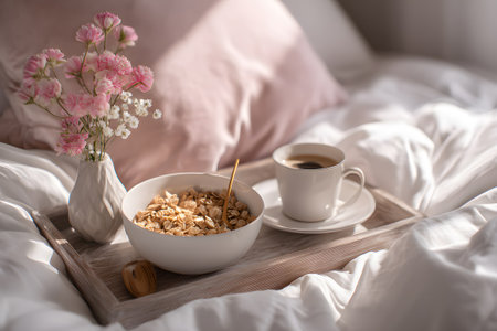 A cozy breakfast setting features a bowl of granola, a cup of coffee, and fresh flowers on a wooden tray in a sunny bedroom. Soft bedding enhances the warm atmosphere.の素材