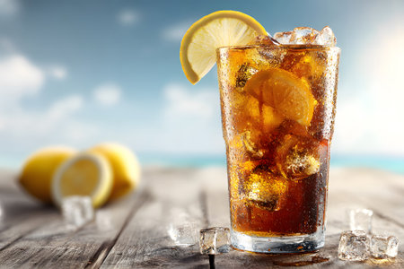 A tall glass of iced tea is filled with ice cubes and vibrant lemon slices, creating a refreshing drink. The setting is cool and inviting, perfect for a warm day.の素材