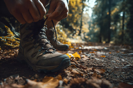 A soldier kneels on a forest path, tightening laces on tan hiking boots. Vibrant autumn leaves cover the ground as sunlight filters through the trees, enhancing the peaceful atmosphere.の素材