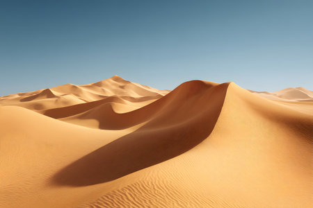 Warm golden sand dunes rise and fall gracefully under a clear blue sky. This serene desert landscape captures the beauty of nature in a peaceful setting.の素材