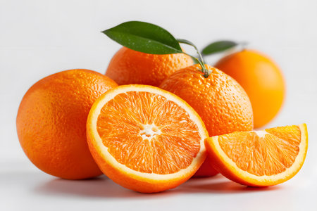 Bright, juicy oranges sit on a clean surface. One orange is sliced to reveal its bright interior, glistening with water droplets, signaling freshness and appeal.の素材