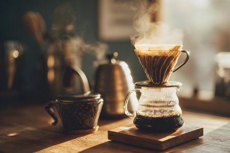 A glass jug sits on a wooden table while hot coffee drips through a filter. Steam rises in the air, highlighting the cozy morning vibe of the kitchen.の素材