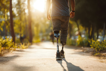 A man uses a prosthetic leg while walking along a quiet path in the forest as the sun sets, casting warm golden light and long shadows across the ground.の素材