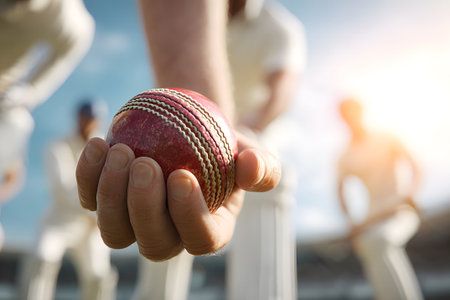 A cricketer holds a red cricket ball firmly in hand, preparing to bowl. Teammates are visible in the background, ready in their positions on a sunny day.の素材