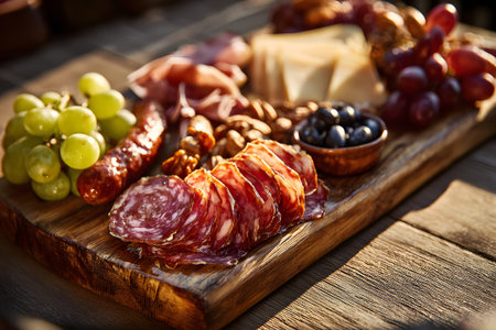 A wooden platter displays a variety of cured meats, cheeses, and fresh fruits like grapes. Nuts and greens add texture and color to the appealing arrangement, perfect for gatherings.の素材