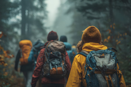 Hikers with backpacks trek along a narrow path through a foggy forest. They wear vibrant jackets, showing beautiful fall colors. The atmosphere feels cool and serene.の素材