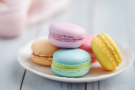 Delicious macarons in various pastel colors, stacked on a white plate. The soft sunlight enhances their vibrant colors, creating a cheerful display perfect for a dessert table.の素材