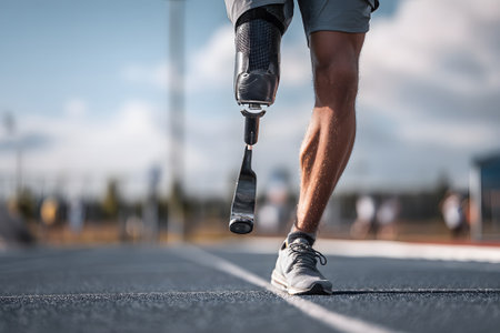 A dedicated athlete trains on a track wearing a prosthetic leg. The sun shines brightly in the background as others engage in various activities nearby.の素材