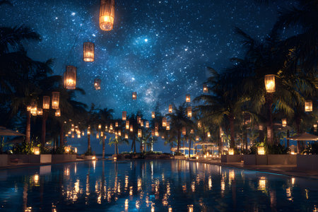 A serene tropical resort glows under a brilliant night sky. The pool reflects the stars, while palm trees sway gently in the warm breeze. Soft lights illuminate the area for a peaceful atmosphere.の素材