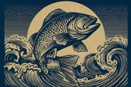 A detailed illustration shows a trout jumping above high waves, set against the backdrop of a full moon. The artwork captures the dynamic movement of the fish in a dark ocean environment.の素材