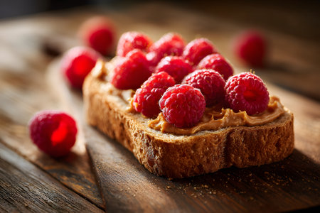 A slice of whole grain bread is spread with peanut butter and adorned with fresh raspberries, resting on a wooden board in a cozy kitchen setting.の素材
