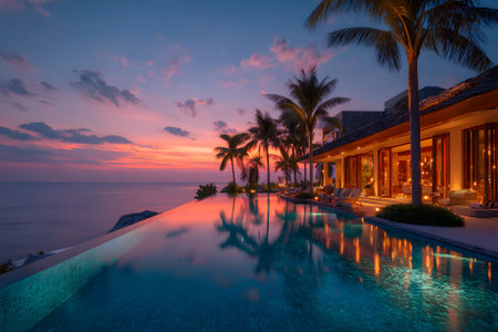A breathtaking sunset casts vibrant colors over the sea and a luxurious villa. An infinity pool reflects the sky, while palm trees sway gently in the warm evening breeze.の素材