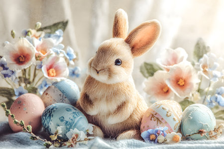 A fluffy bunny sits among colorful Easter eggs and delicate flowers. The scene captures the essence of spring and holiday celebrations with soft colors.の素材