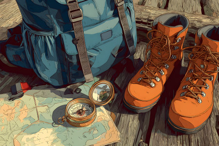 A bright orange pair of hiking boots sits next to a backpack and a detailed map, with a compass reflecting sunlight on a wooden dock near a calm lake in the morning.の素材