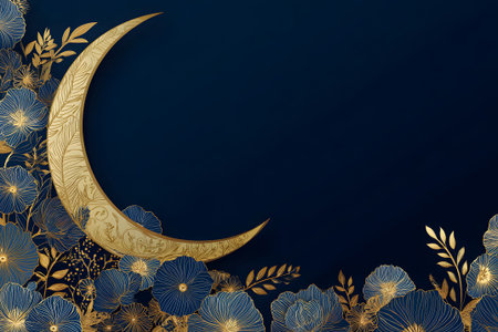 A crescent moon, richly detailed, is set against a deep blue backdrop. Surrounding it are delicate flowers and leaves, creating a serene and artistic atmosphere.の素材