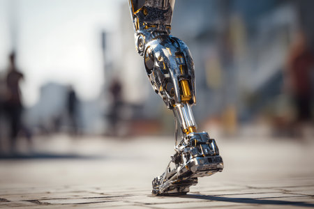 A metallic robotic leg strides confidently on dry pavement in an urban setting. The sunlight reflects off the shiny surface, highlighting its intricate design.の素材