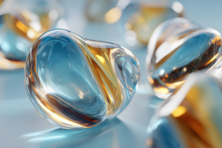 A group of oval glass beads in orange and blue hues are arranged on a smooth blue surface. Their reflective surfaces create an elegant and calming visual effect.の素材