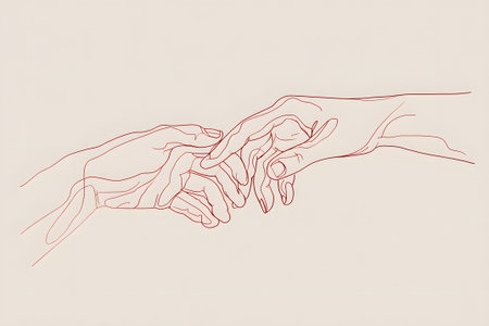 Two hands, one blue and one red, reach toward each other in a simple line drawing. This artwork symbolizes connection and togetherness, inviting feelings of warmth and empathy.の素材