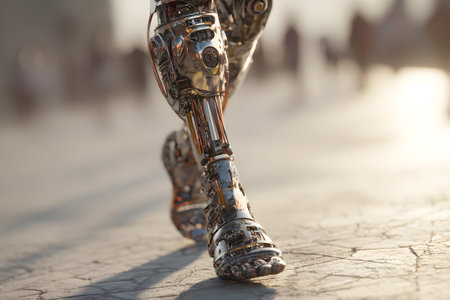 A metallic robotic leg strides confidently on dry pavement in an urban setting. The sunlight reflects off the shiny surface, highlighting its intricate design.の素材