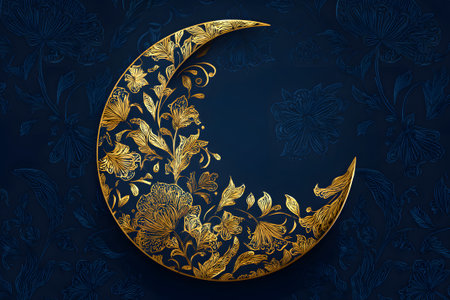 A crescent moon design features intricate golden floral patterns on a deep blue background. The artwork captures elegance and tranquility, creating a calming atmosphere.の素材