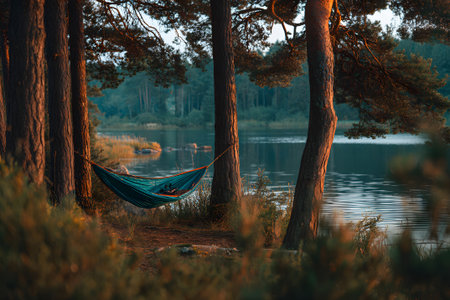 A hammock swings gently between two trees beside a calm lake. The sun sets, casting warm light on the water and surrounding mountains, creating a peaceful atmosphere.の素材