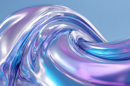 Shiny, colorful liquid forms a swirling wave with hues of purple and blue. The smooth texture and reflective quality create an eye-catching visual against a soft backdrop.の素材