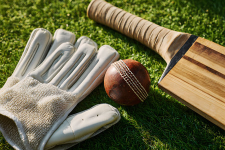Cricket bat, ball, and gloves are laid out on green grass under bright sunlight. The scene captures the essence of a playful day of cricket outdoors.の素材