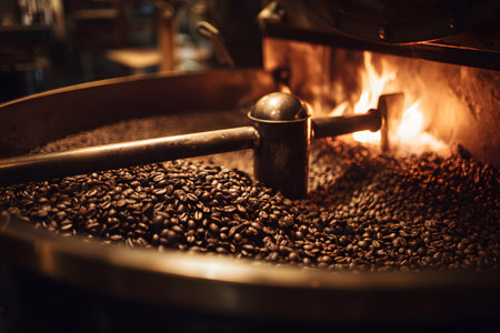 Fresh coffee beans roast in a large metal drum at a roasting facility. The warm glow of the fire highlights the rich texture and color of the beans, creating an inviting atmosphere.の素材