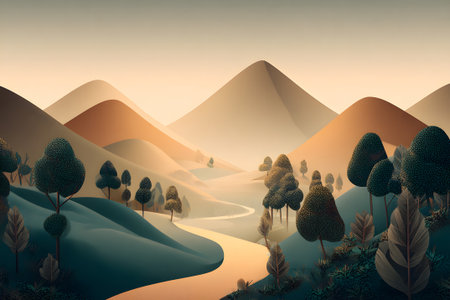 A stunning sunset cast in warm hues fills the sky above a mountainous terrain. Pine trees frame the scene while a gentle river winds through vibrant foliage.の素材