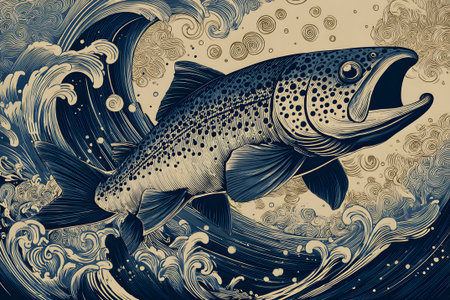 A detailed illustration shows a trout jumping above high waves, set against the backdrop of a full moon. The artwork captures the dynamic movement of the fish in a dark ocean environment.の素材