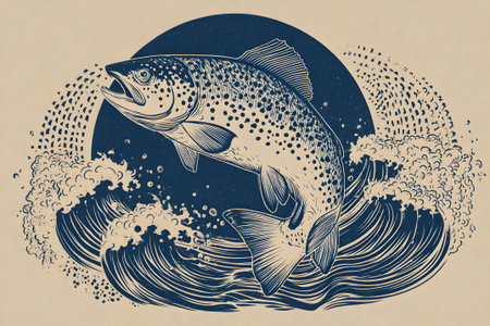A detailed graphic features a salmon jumping energetically out of ocean waves, highlighting the power and beauty of marine life in a stylish, artistic manner.の素材