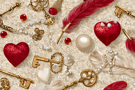 This design showcases an array of decorative elements including red and white hearts, golden keys, elegant feathers, and pearls. The playful arrangement adds a whimsical touch to any space.の素材
