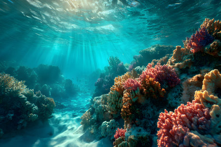 Brightly colored corals thrive beneath the ocean surface, while beams of sunlight filter through the water, creating a serene underwater atmosphere teeming with life.の素材