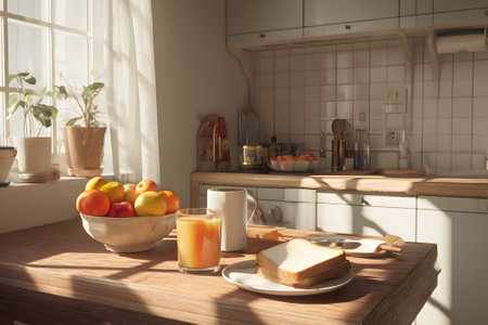 Sunlight streams into a cozy modern kitchen where a wooden table is set with a glass of orange juice, a plate of fruits, and a loaf of bread. A welcoming breakfast scene is created.の素材