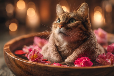 A cat is resting in a wooden tub filled with water and colorful rose petals. The scene has a warm and cozy ambiance, illuminated by soft evening light.の素材