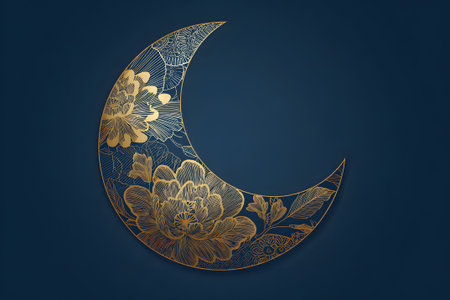 A crescent moon design features intricate golden floral patterns on a deep blue background. The artwork captures elegance and tranquility, creating a calming atmosphere.の素材