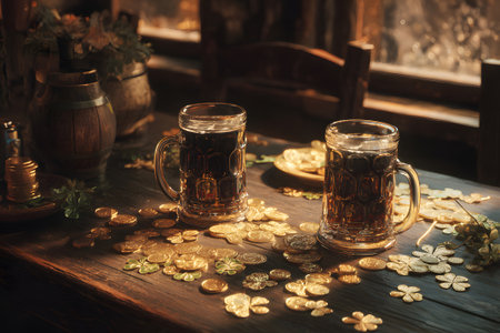 Two chilled mugs of golden beer rest on an aged wooden table. Surrounding the mugs are shimmering coins and soft candlelight, creating a warm atmosphere perfect for any gathering.の素材