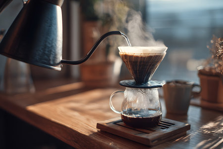A glass jug sits on a wooden table while hot coffee drips through a filter. Steam rises in the air, highlighting the cozy morning vibe of the kitchen.の素材