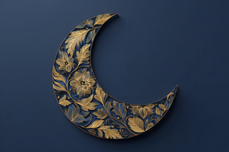 A crescent moon design features intricate golden floral patterns on a deep blue background. The artwork captures elegance and tranquility, creating a calming atmosphere.の素材