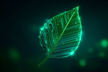 A vibrant green leaf features intricate circuit patterns glowing softly against a dark background, showing the blend of nature and technology in a unique way.の素材