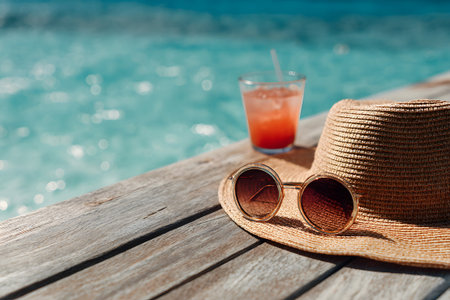 A bright straw hat and stylish sunglasses rest on a wooden table beside a cold drink. The clear turquoise water of the pool sparkles in the sunlight, creating a relaxing summer vibe.の素材