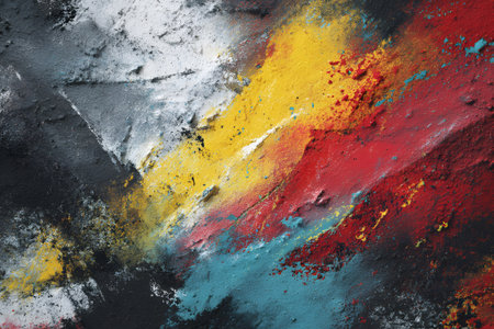 An abstract artwork displays dynamic brush strokes of red, yellow, and blue on a textured background. The colors blend and contrast, creating an energetic visual experience.の素材