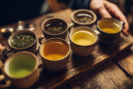 A person holds a wooden tray with six small bowls of different teas and tea leaves in a warm and inviting tea shop. Each tea showcases unique colors and flavors.の素材