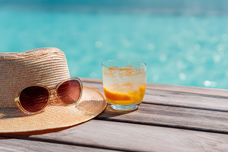 A bright straw hat and stylish sunglasses rest on a wooden table beside a cold drink. The clear turquoise water of the pool sparkles in the sunlight, creating a relaxing summer vibe.の素材